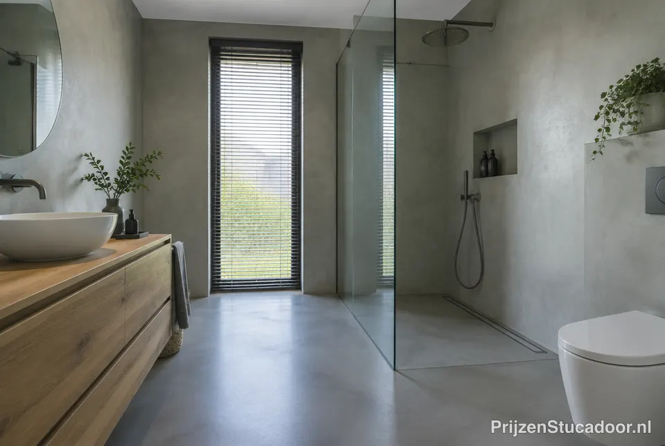 Badkamer met wanden in betonstuc