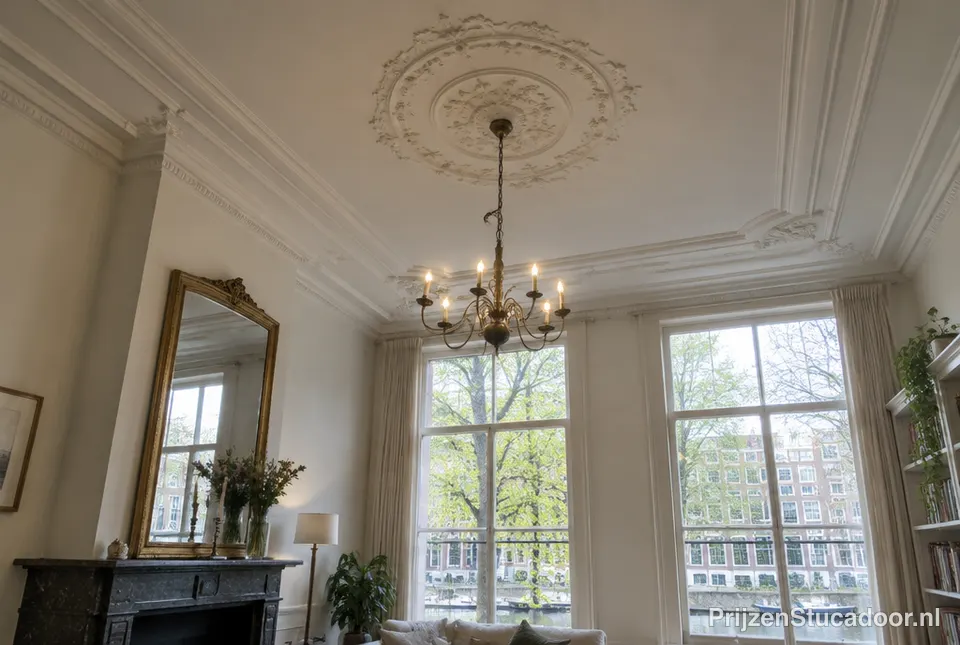 Plafond met gipslijsten en een rozet