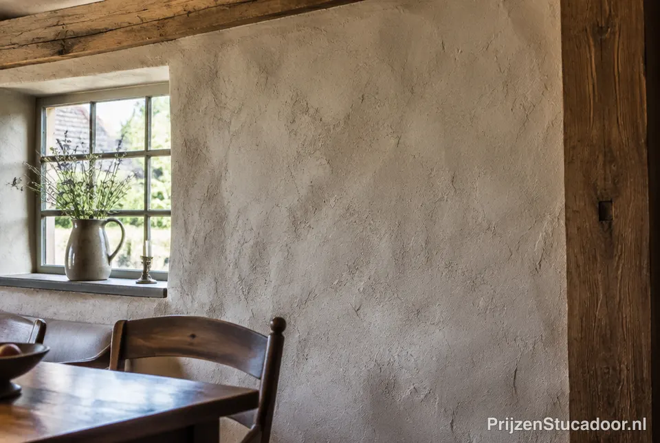 Muur met grof raapwerk in een landelijke woning