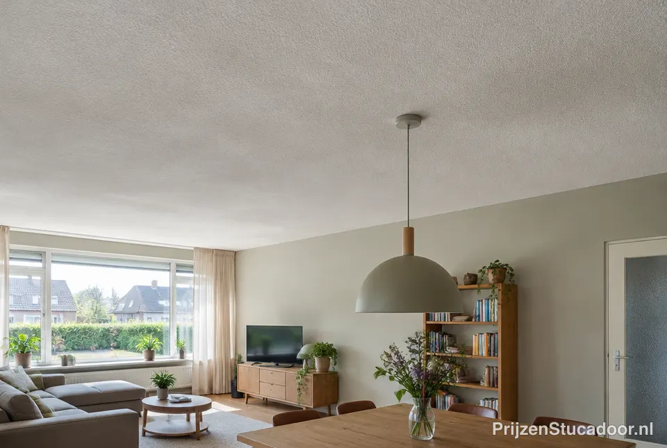 Plafond met spackspuitwerk in een lichte korrel